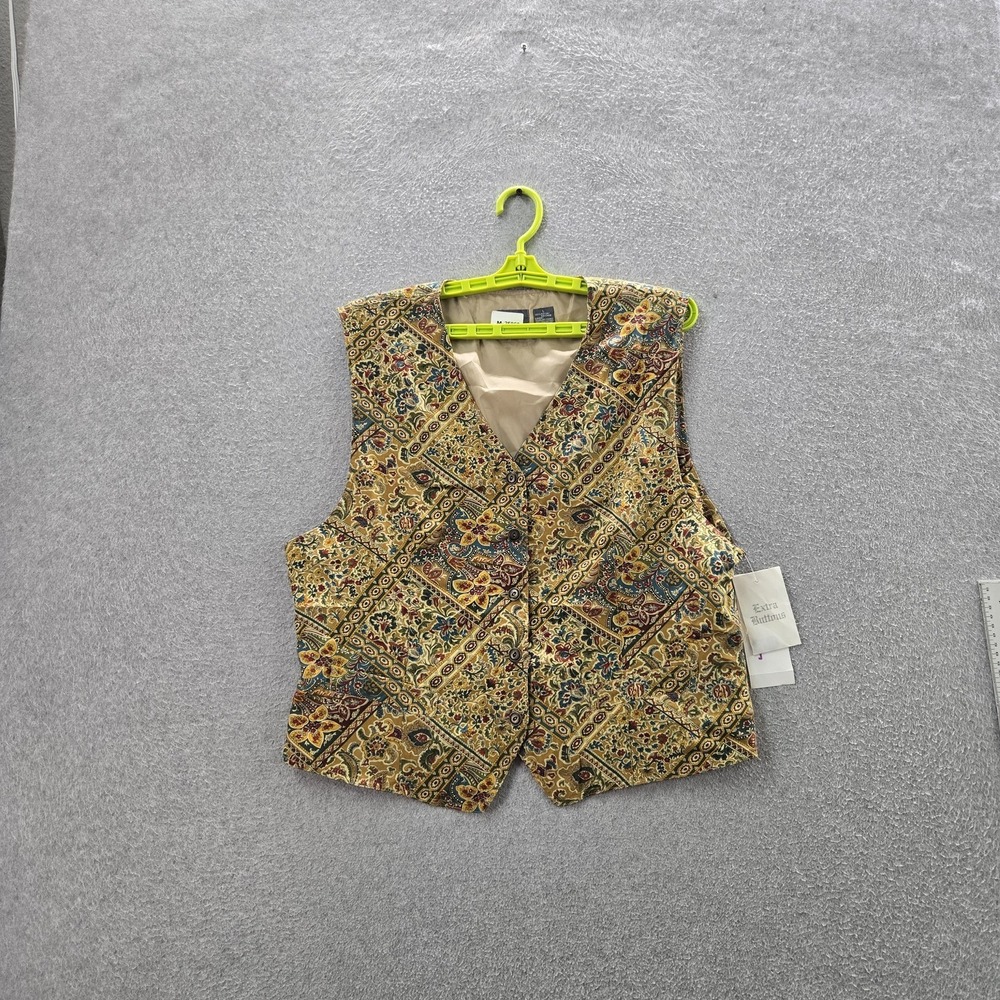 VINTAGE Lizwear Women Jacket L Yellow Floral Sleeveless Vest Button‎ V-Neck NWT